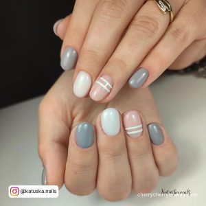 Pink Gray And White Nails With Lines