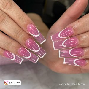 Pink Nails White Outline In Square Shape