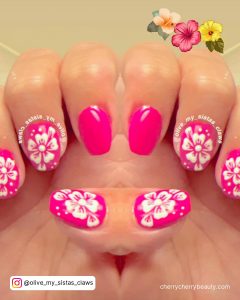 Pink Nails With White Flower Design For A Vibrant Look