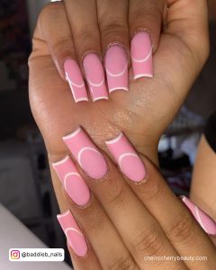 Pink Nails With White Outlin In Coffin Shape