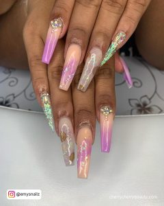 Pink Purple White Nails With Diamonds And Shine