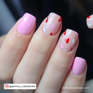 Pink Short Nails Valentines With Red, White And Pink Hearts On Two Nails