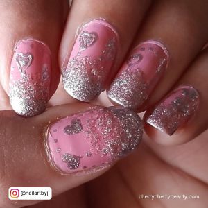 Pink Silver Nails With Hearts