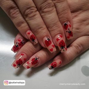 Pink Square Nails With Red Love Bugs And Red Hearts