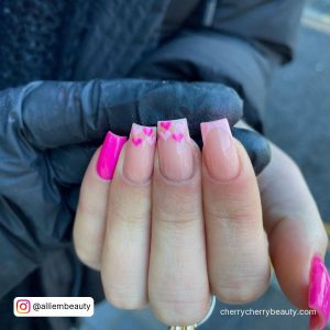 Pink Square Tip Nails With Nude Nails With Pink Hearts