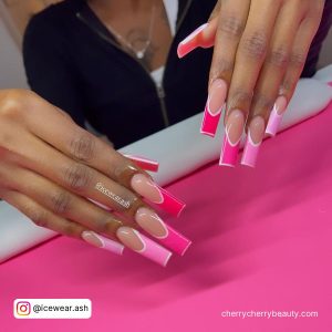 Pink Tip Acrylic Nails With White Lines