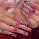 Pink Valentine'S Day Coffin Nails With Ombre Effect, French Tip, Rhinestones, Chrome Red Hearts And Kisses Designs