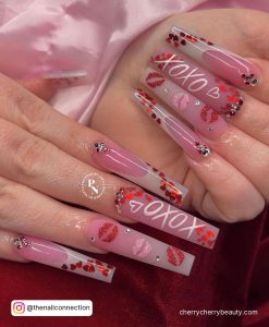 Pink Valentine'S Day Coffin Nails With Ombre Effect, French Tip, Rhinestones, Chrome Red Hearts And Kisses Designs