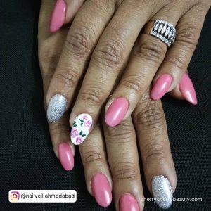 Pink White And Silver Nail Designs In Almond Shape