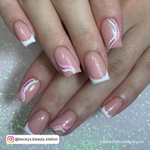 Pink White And Silver Nails With Swirls