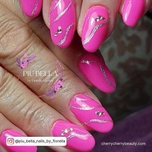 Pink With Silver Glitter Nails And Diamonds
