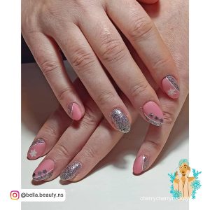 Pink With Silver Glitter Nails In Almond Shape
