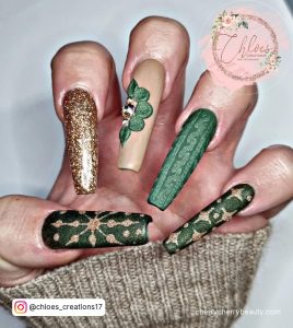 Popular Long Acrylic Nails In Green With Flowers
