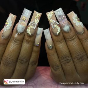 Pretty Long Acrylic Nails With Flowers And Diamonds
