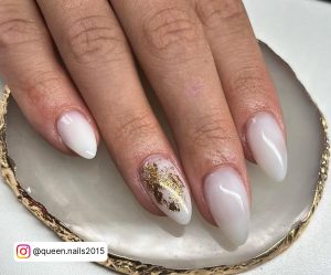 Pretty White Summer Nails With Gold Flakes On Silver With Gold Rim Surface