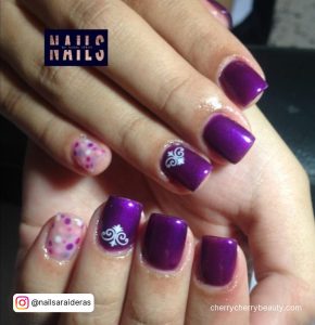 Purple And White Nail Design With Dots On One Finger
