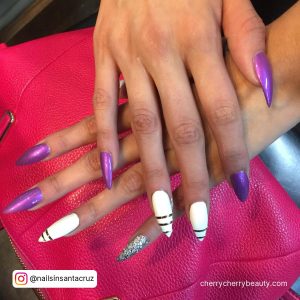 Purple Black White Nails With Lines