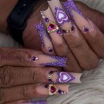 Purple Glitter Acrylic Nails Valentine With Purple Glitter French Tips And Rhinestones