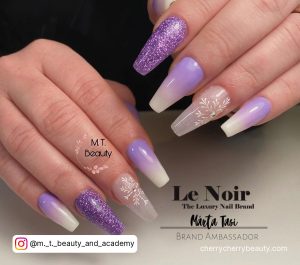 Purple To White Ombre Nails With White Designs