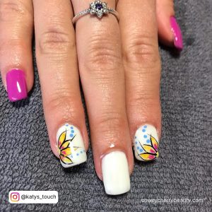 Purple &Amp; White Nails With Flowers