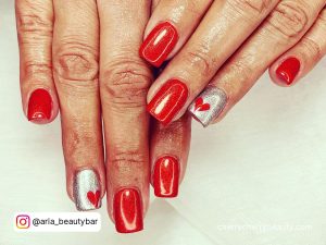 Red And Silver Coffin Nails With Hearts