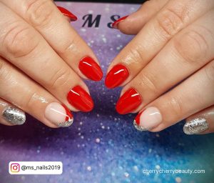 Red And Silver French Tip Nail Designs In Short Length