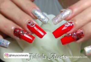 Red And Silver Glitter Coffin Nails With Embellishments