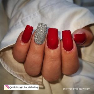 Red And Silver Glitter Nails In Square Shape