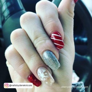 Red And Silver Nail Ideas With Lines On Index Finger