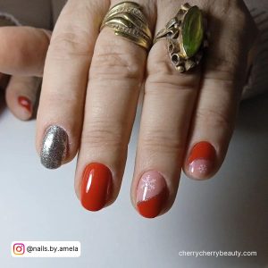 Red And Silver Nails Ideas With Snowflake On Ring Finger