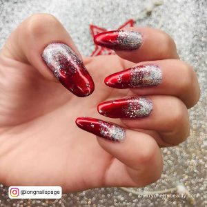 Red And Silver Nails In Almond Shape