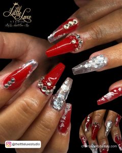 Red And Silver Nails With Rhinestones On Coffin Shape