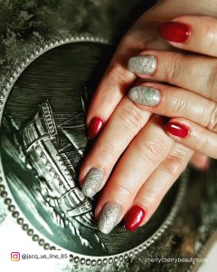Red And Silver Short Nails For Valentine'S Day