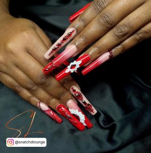 Red And White Long Nails With Nude Base