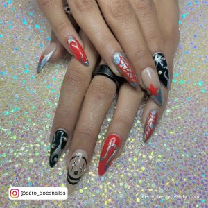 Red Black And Silver Nails In Stilleto Shape