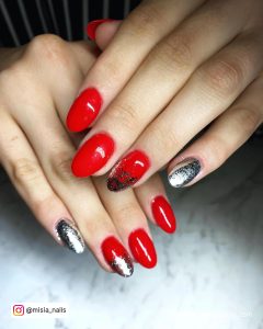 Red Black Silver Nails On Almond Shape