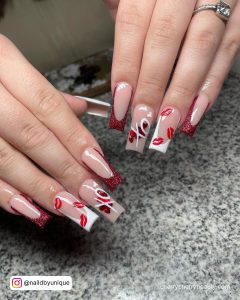 Red Lips And Xo Nail Art Valentine Day Red And White With White And Red Glitter French Tips