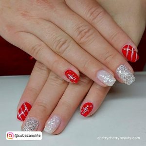 Red &Amp; Silver Nails With Lines