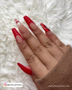 Red Valentines Day Nails Coffin With Red 3D French Tips, Red Glitter And White Tip