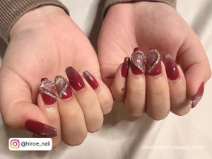 Red Valentines Nails Coffin Shape With Heart In Silver Gems Over Two Nails