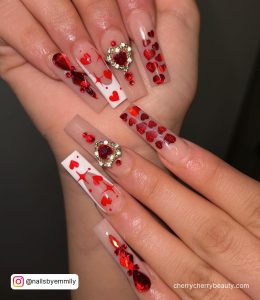 Red, White And Nude Square Tip Long Nails With French Tip Design, Red Chrome Hearts And Rhinestones