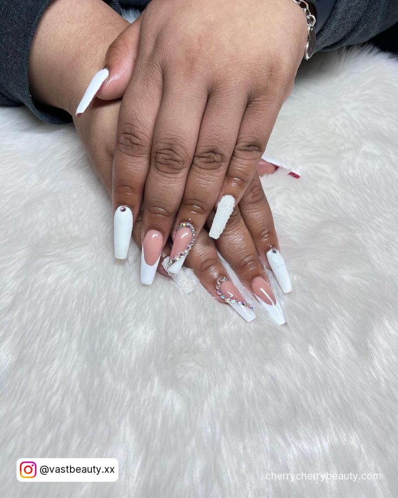 99 White Nails With Rhinestones For The Perfect Bling