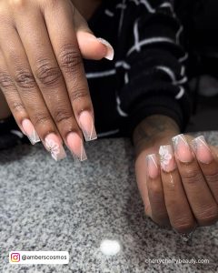 Rhinestone White Nails With Clear Tips