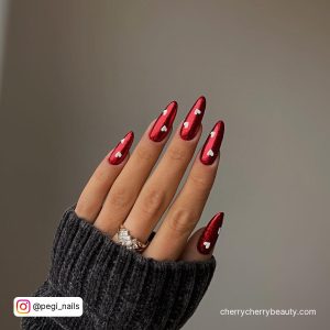 Round Almond Shape Red Chrome Nails With White Hearts