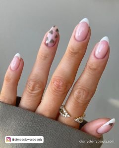 Round French Tip Valentines Nails Simple With Grey Hearts On One Nail