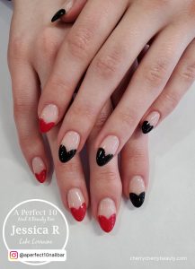 Round Tip Black And Red Short Valentine Nails With Black And Red Heart Shaped Tips