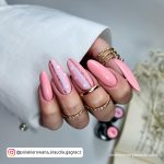 Round Tip Light Pink Valentine Acrylic Nails With Light Pink And Heart Design