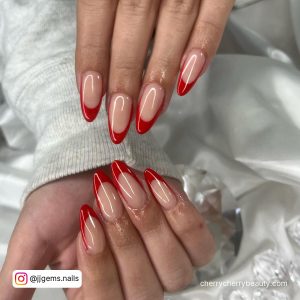 Round Tip Simple Red French Tip Valentines Day Nails
