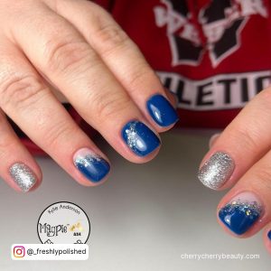 Royal Blue Nails With Silver Glitter On Short Length