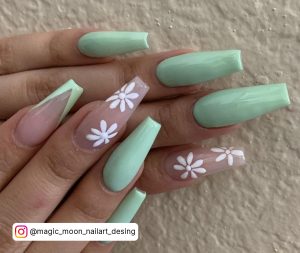 Sage Green And White Nails With Flowers